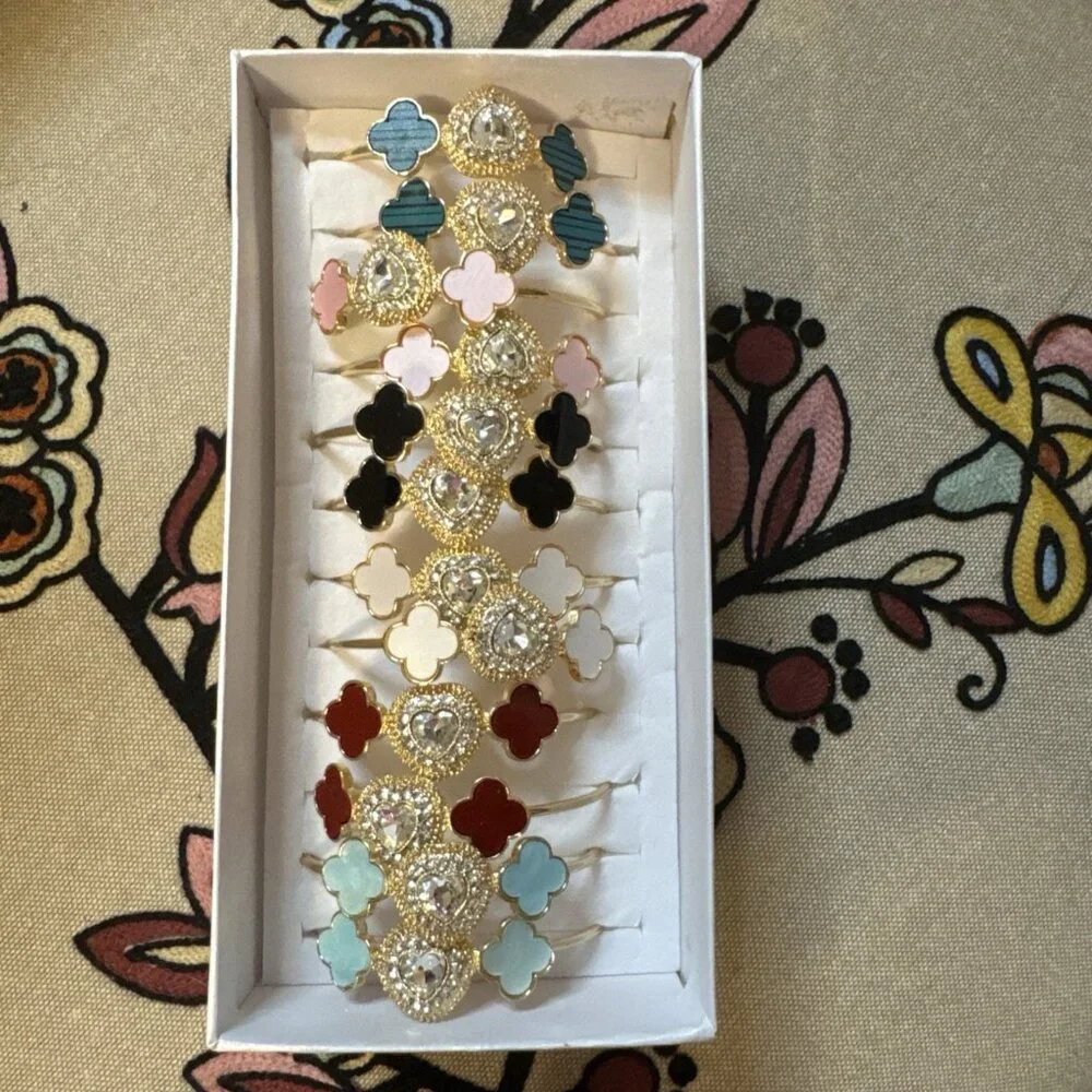 MINT Red Clover Rhinestone Heart Flower Goldtone Charm Bracelet NEW